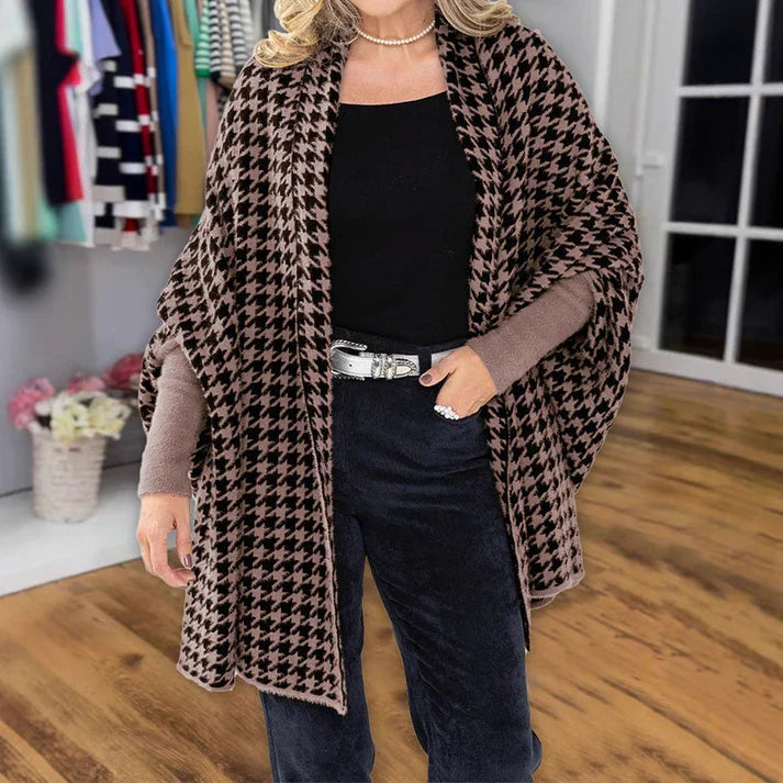 Bianca - Poncho de mujer con abertura delantera y estampado de pata de gallo