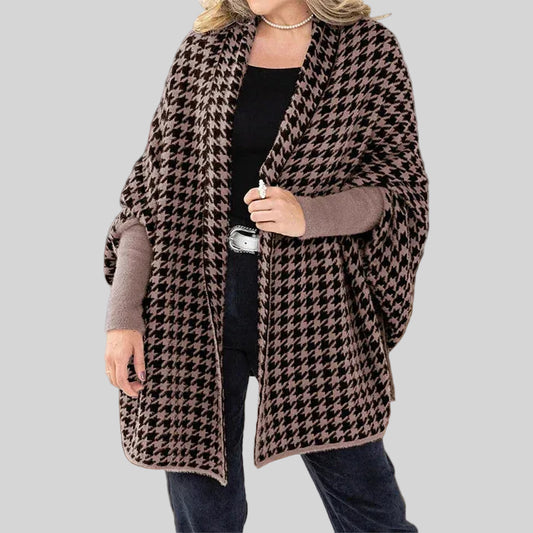 Bianca - Poncho de mujer con abertura delantera y estampado de pata de gallo