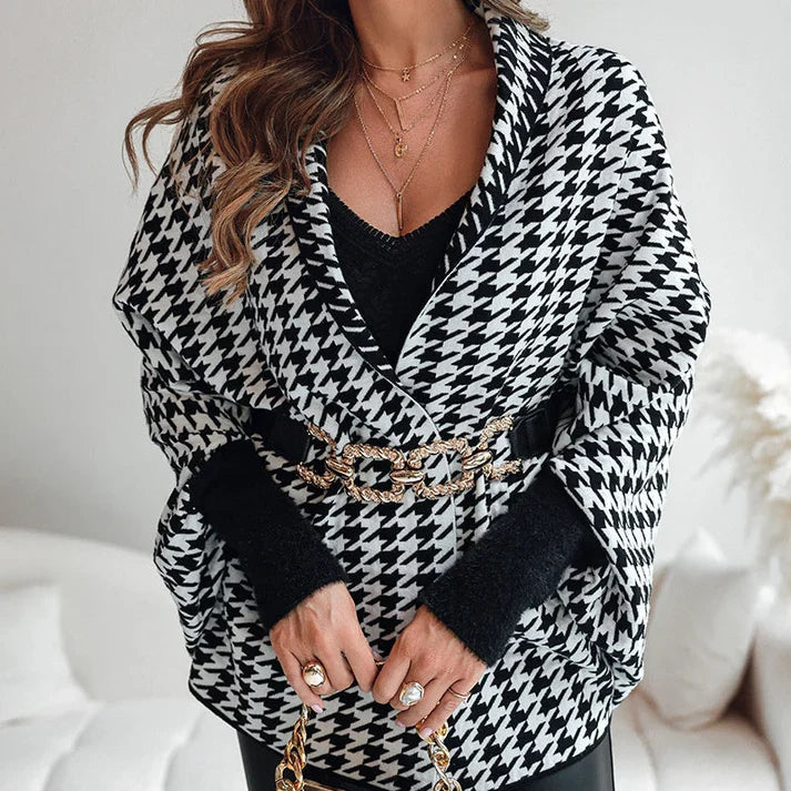 Bianca - Poncho de mujer con abertura delantera y estampado de pata de gallo