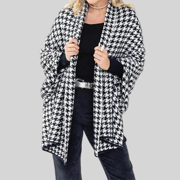 Bianca - Poncho de mujer con abertura delantera y estampado de pata de gallo