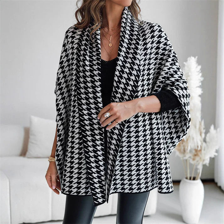 Bianca - Poncho de mujer con abertura delantera y estampado de pata de gallo