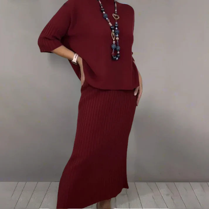 Pilar – Conjunto elegante de punto con jersey y falda midi