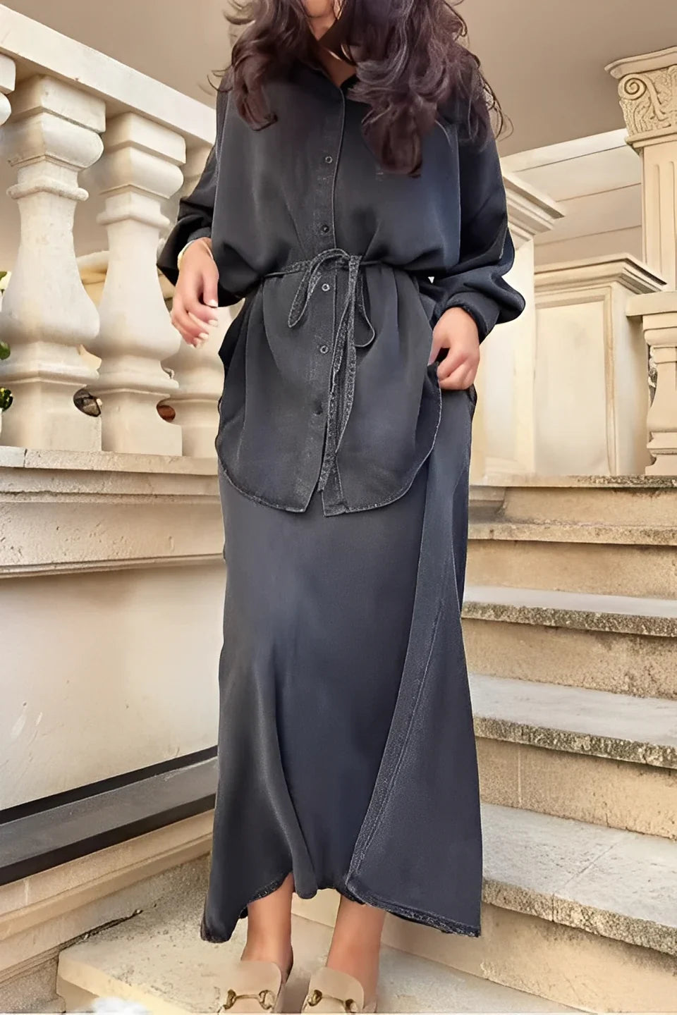 Gloria - Conjunto de camisa y falda de manga larga con cordón ajustable