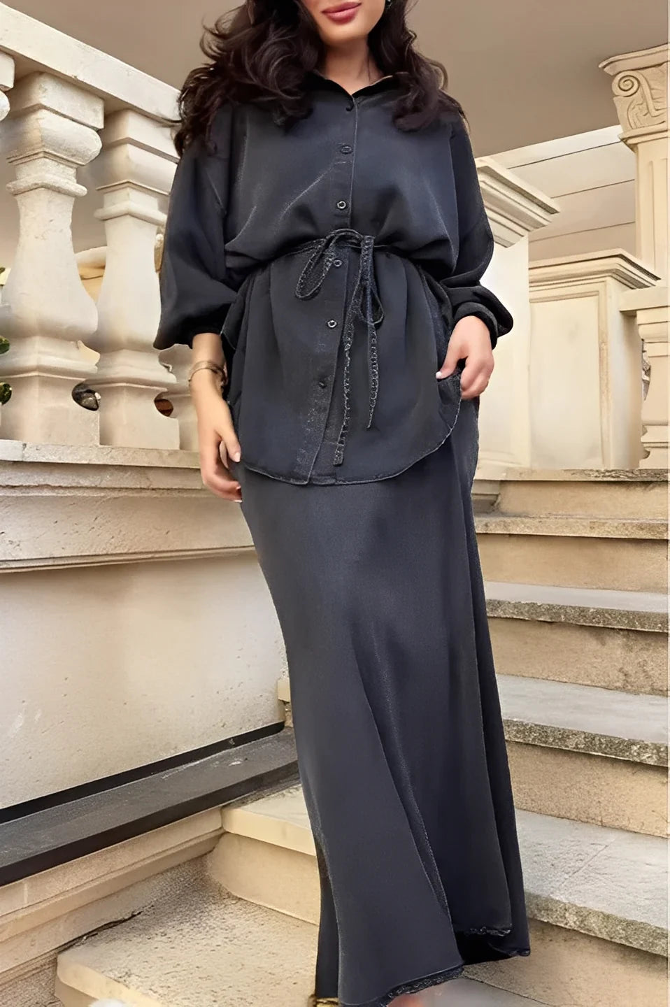 Gloria - Conjunto de camisa y falda de manga larga con cordón ajustable